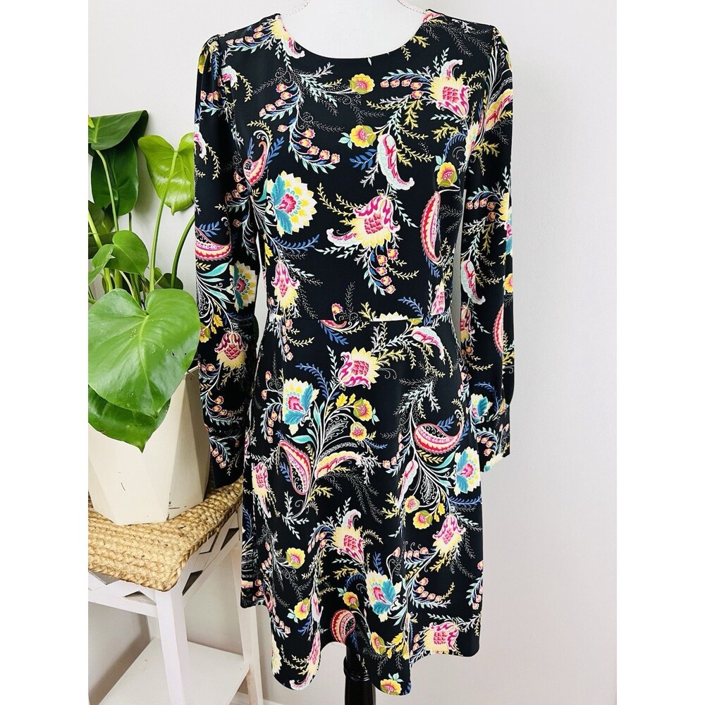 LOFT Black Colorful Paisley Soft Stretchy Long Sleeve Retro Vibes Dress Size 4